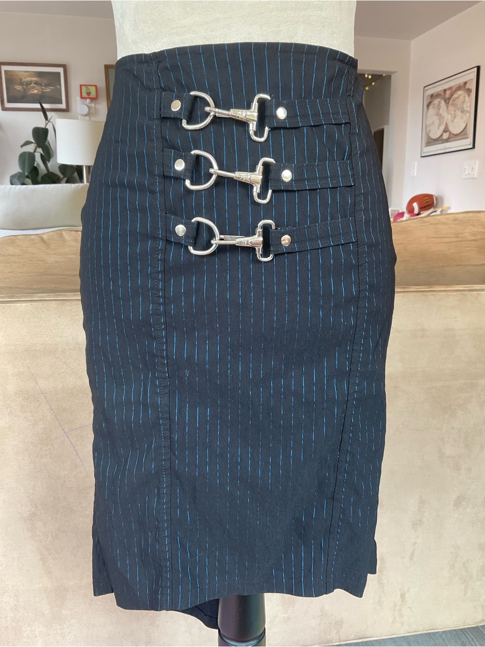 🗝️Vintage Lip Service Psycho Circus II Pinstripe Buckle Pencil Skirt
